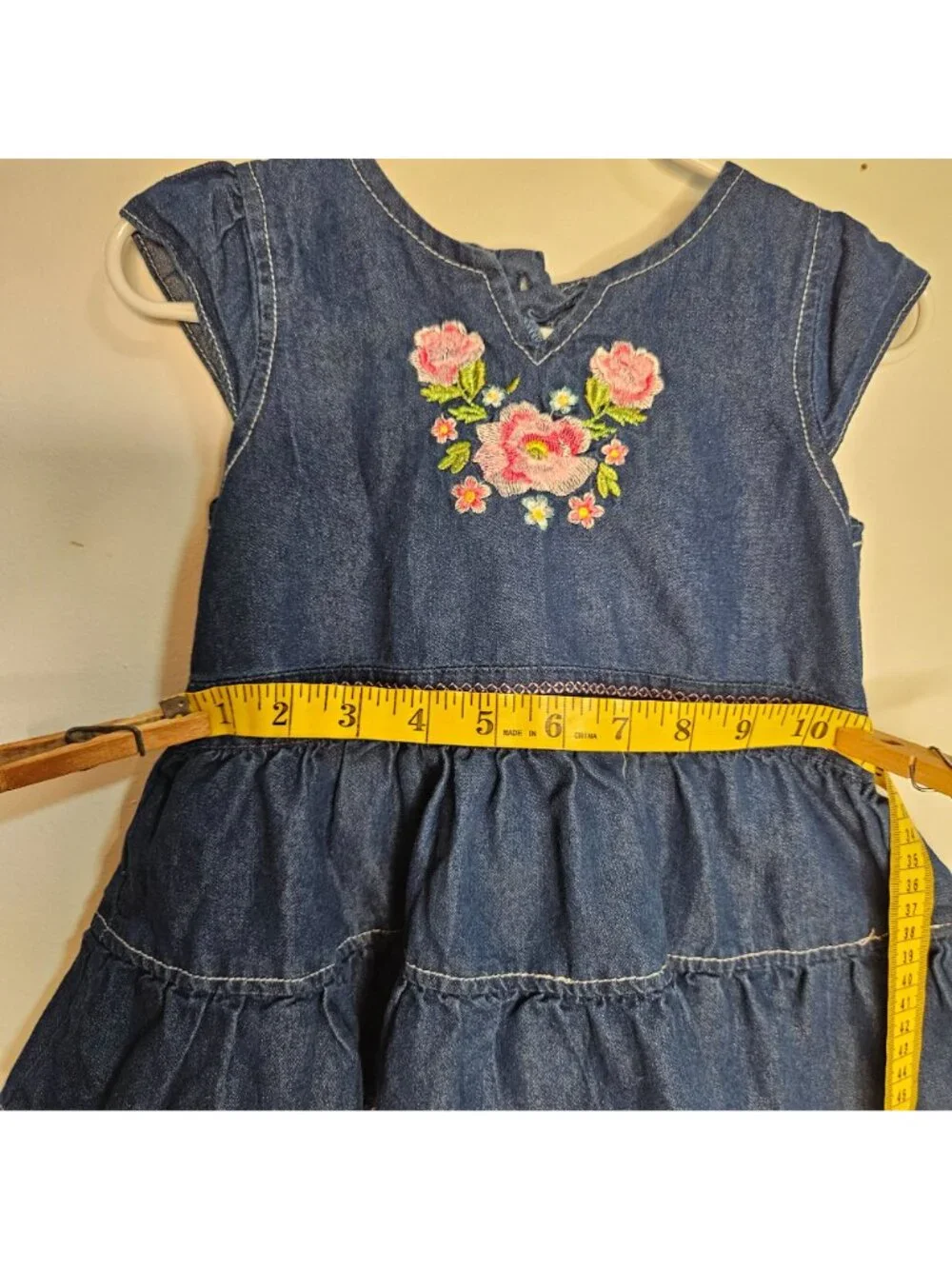 Denim Tiered Dress With Floral Embroidery & Button Closure - Toddler Girls